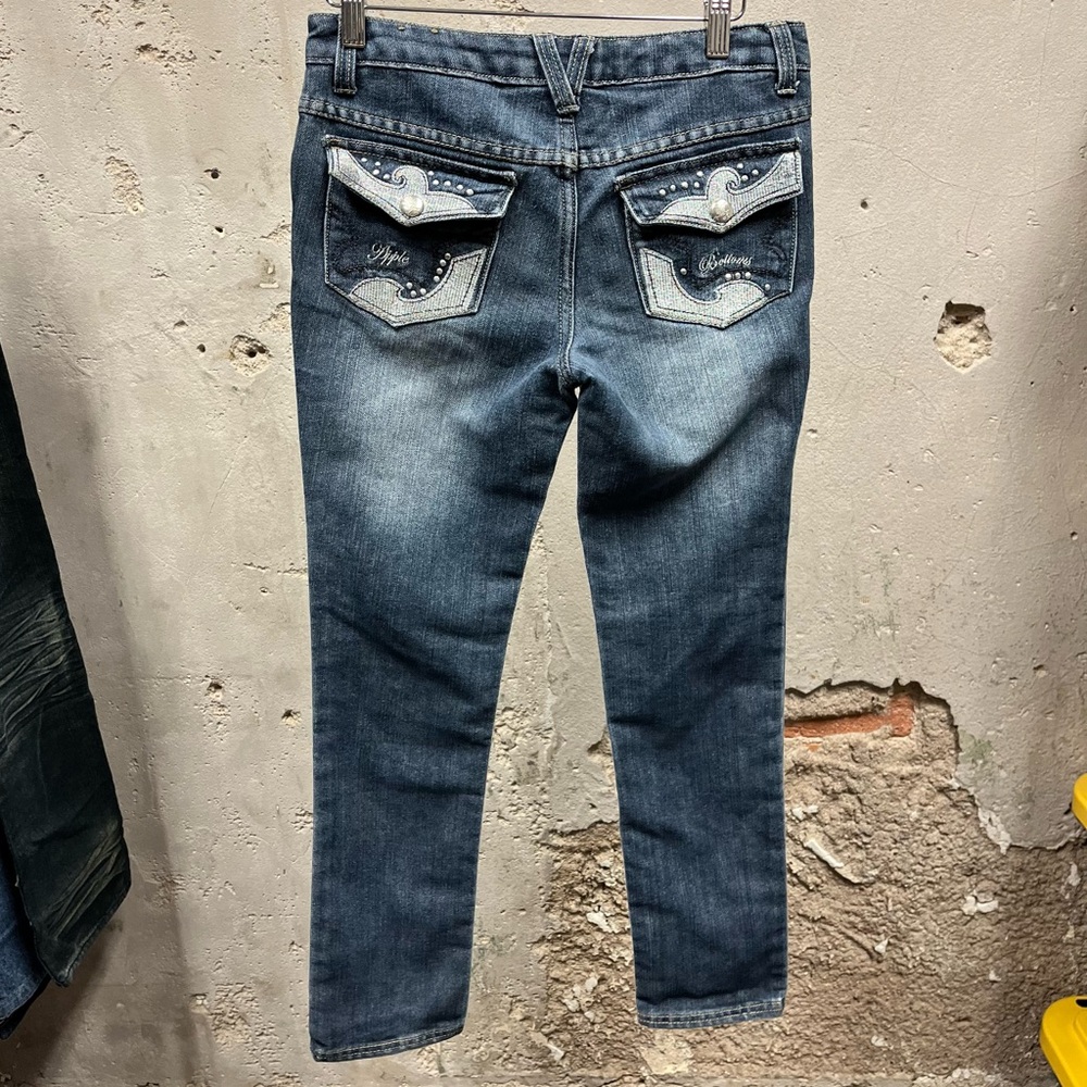 Apple Bottoms Vintage Y2K Silver Embroidered Low Rise Skinny Jeans 29x28 Denim